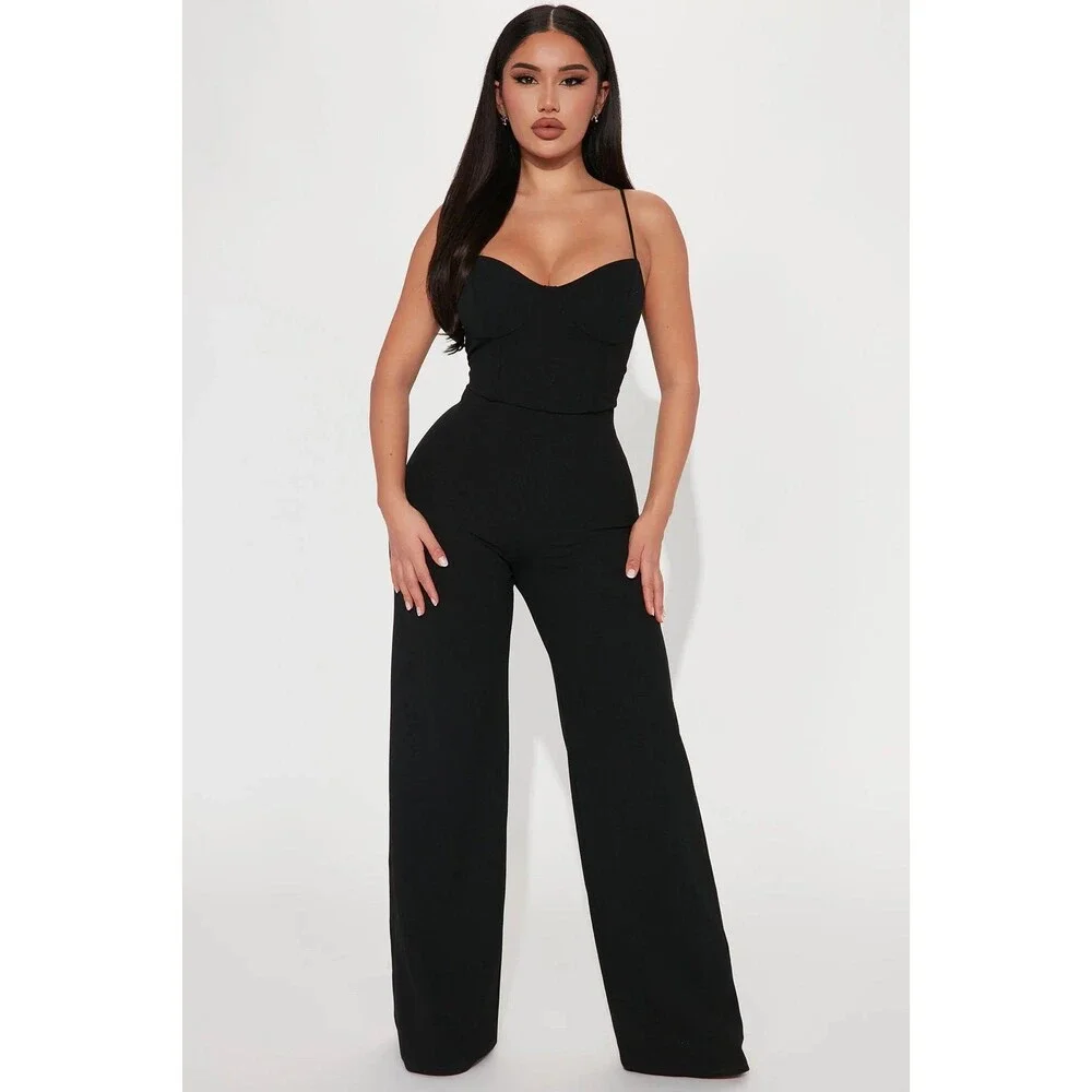 NWT Fashion Nova Taking Notes Sweetheart Spaghetti Straps Wide Leg Jumpsuit S